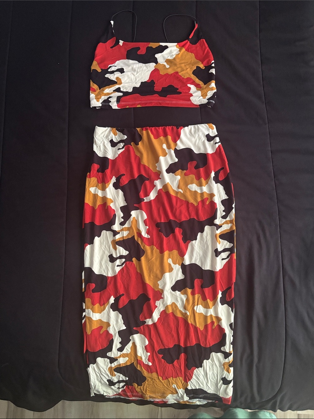 Two-Piece Crop Top and Midi Skirt Set in Burnt Orange , Cream& Mustard Camo